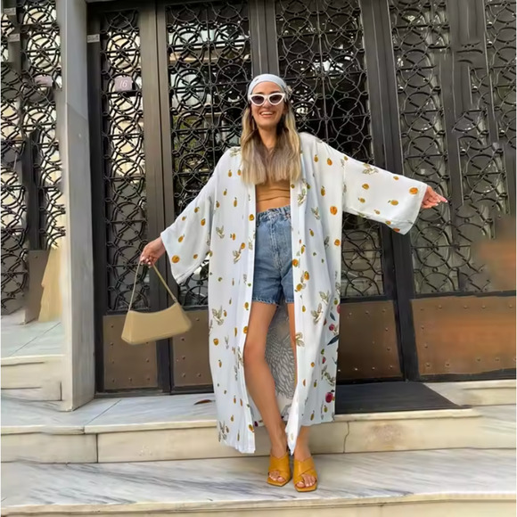 Peacock Kimono Cover Ups Longline One Size Duster Satin White Boho Festival NEW - Picture 2 of 6